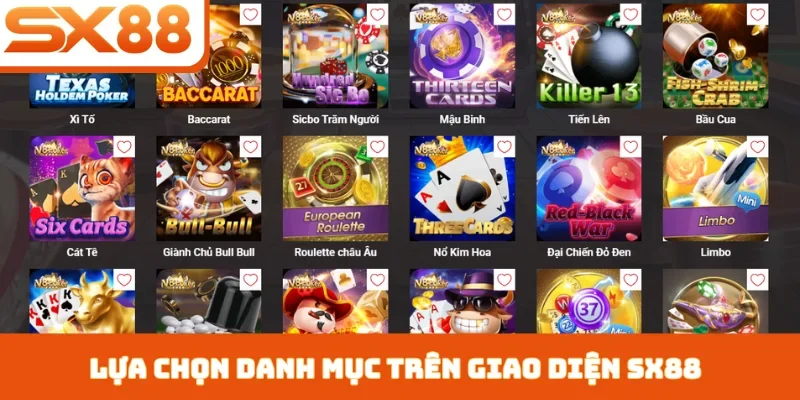 Lựa chọn danh mục trên giao diện SX88