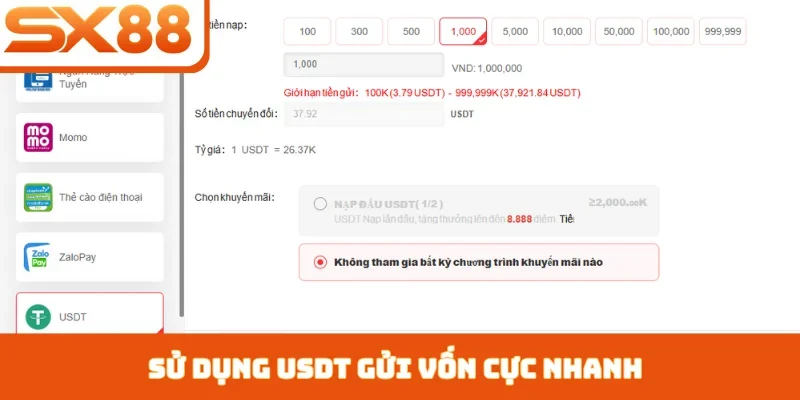 Sử dụng USDT gửi vốn cực nhanh